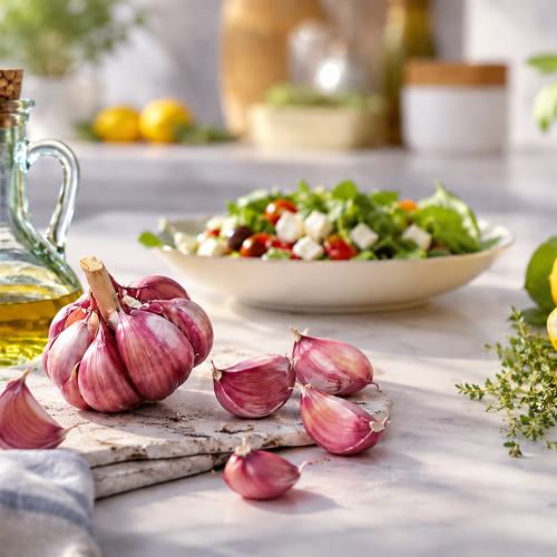 Ajo Peregrín junto a aceite de oliva y limón para aliños de verano