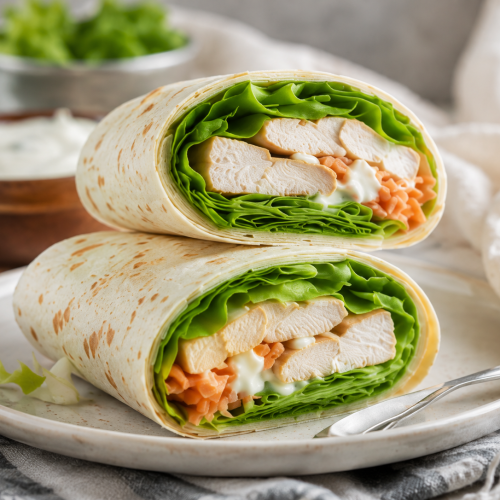 Wrap de pollo, lechuga y salsa de ajo suave.