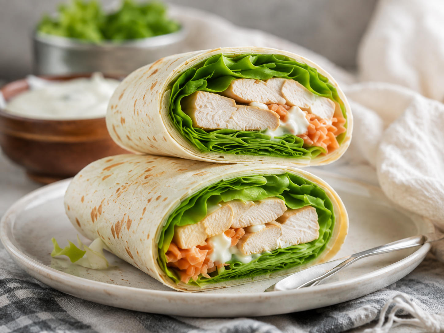 Wrap de pollo, lechuga y salsa de ajo suave